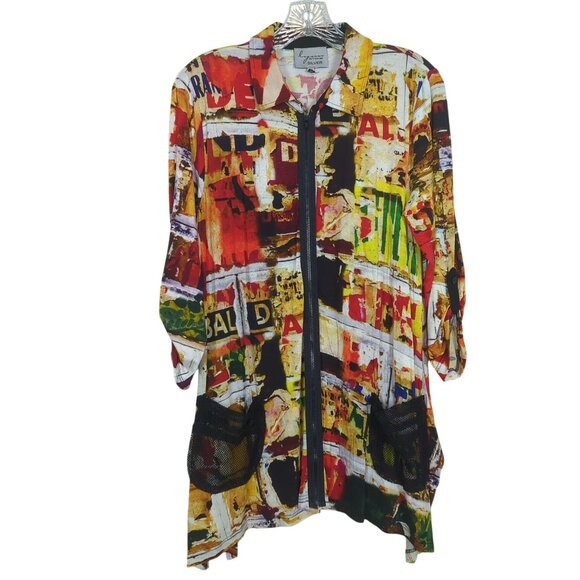 Lynn Ritchie Silver Colorful Abstract Print Open Front zip Top Logan look size M - Picture 4 of 16